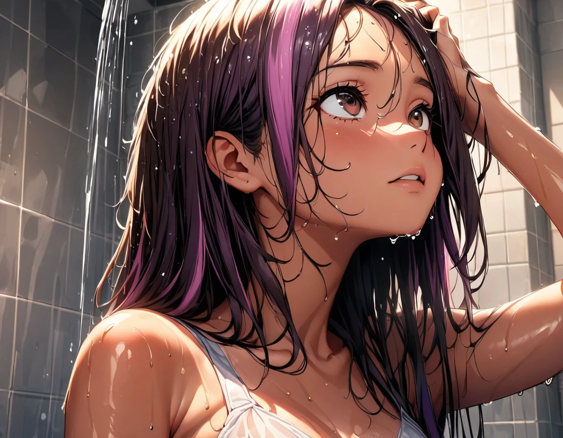 (highest quality:1.2, Very detailed, up to date, Vibrant, Ultra-high resolution, High Contrast, masterpiece:1.2, highest quality, Best aesthetics), Portraiture、girl, solo, (25-years-old:1), Bright colors、Beautiful fine details、Beautiful lip detail, long hair、black and purple ((streaked hair:1.6)), highlights hair: 1.5, brown eyes, ((slim body:1.4)), (small breast:0.7), (dark skin:0.3), (taking a shower from head:1),((wet hair:1.4)), (the shower is falling on her face:1), in shower room, hand on own head, (looking up:1.3), (upper body)
