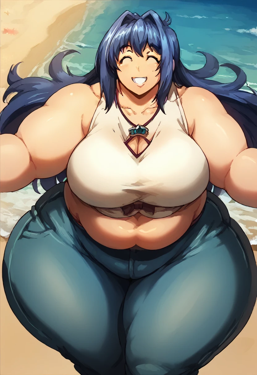 Score9, Score_8_up, Score_7_up,((beach in front of the sea shore)) mature woman,mature woman,aki nijou,long hair,1 girl, alone, (giant ass: 1.3), (thick thighs: 1.2), huge thighs, (wide hips: 1.2), cleft in the skin, smile, happy, (sleeveless top, pants short: 1,2), thighs and blunt, plump