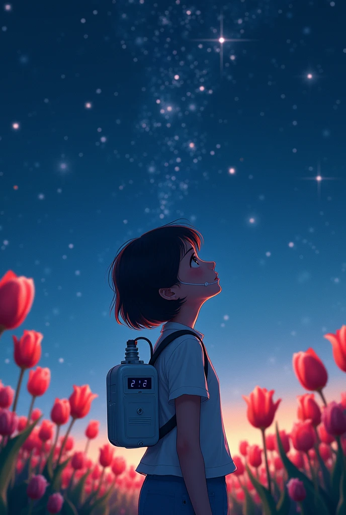 A short-haired girl in a tulip field at night with the starry sky looking at the stars, She has nasal cannulas in both nostrils connected to an oxygen pump that she wears like a bag on her back. ( So exactly that same image but add the last thing)