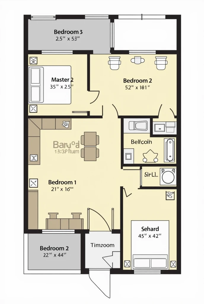 Create a Floor Plan if a House Upper Floor: SUITE:Room: 3,5m x 3,5mBathroom: 2m x 3m ,Room 1: 2,5m x 4m, Room 2: 2,5m x 4m ,Corridors and Stairs: 1,5m x 4m
