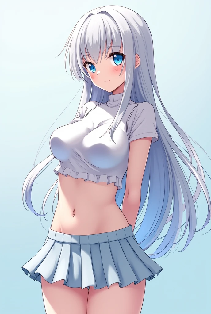 Generates an albino girl, with G cup breasts and nice butt and nice waist, with blue eyes and white skin with a skirt, Version anime