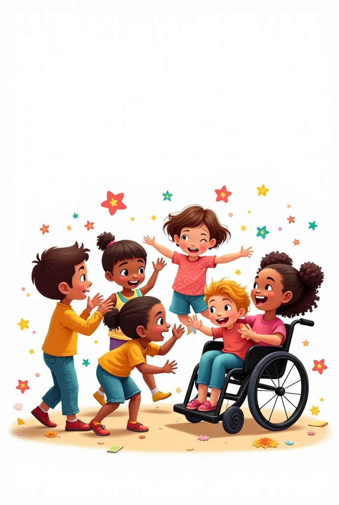 Children playing and happy and a child in a wheelchair happy, Asian child and a black child with a white background