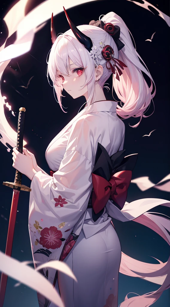 masterpiece,Exquisite,Dark Night,Romance,Ghostly,Has horns on its head,High Ponytail,White hair gradually々It turns pink.,Red Eyes,smooth back,Wear a yukata,colorful,Holding a sword,Hip