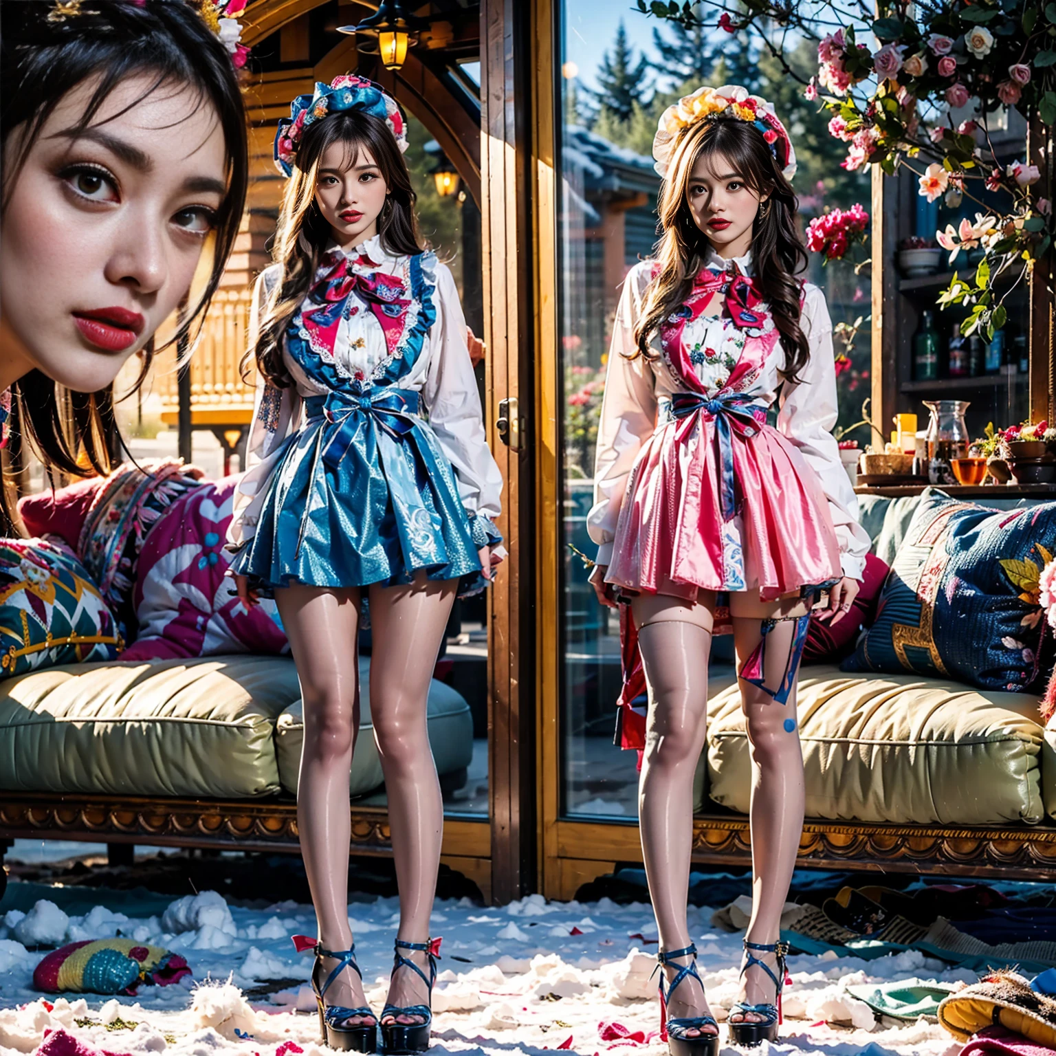 Model figure, long-legged woman, A woman in a luxurious and elaborate lolita dress, wearing lolita mary jane shoes with ornate details, patterned tights, standing on a snowy mountain, with reflective skin and reflective clothing, venusbody, full body shot, ray tracing, reflection light, chiaroscuro, UHD, masterpiece, anatomically correct, textured skin, super detail, high quality, 4K, highres