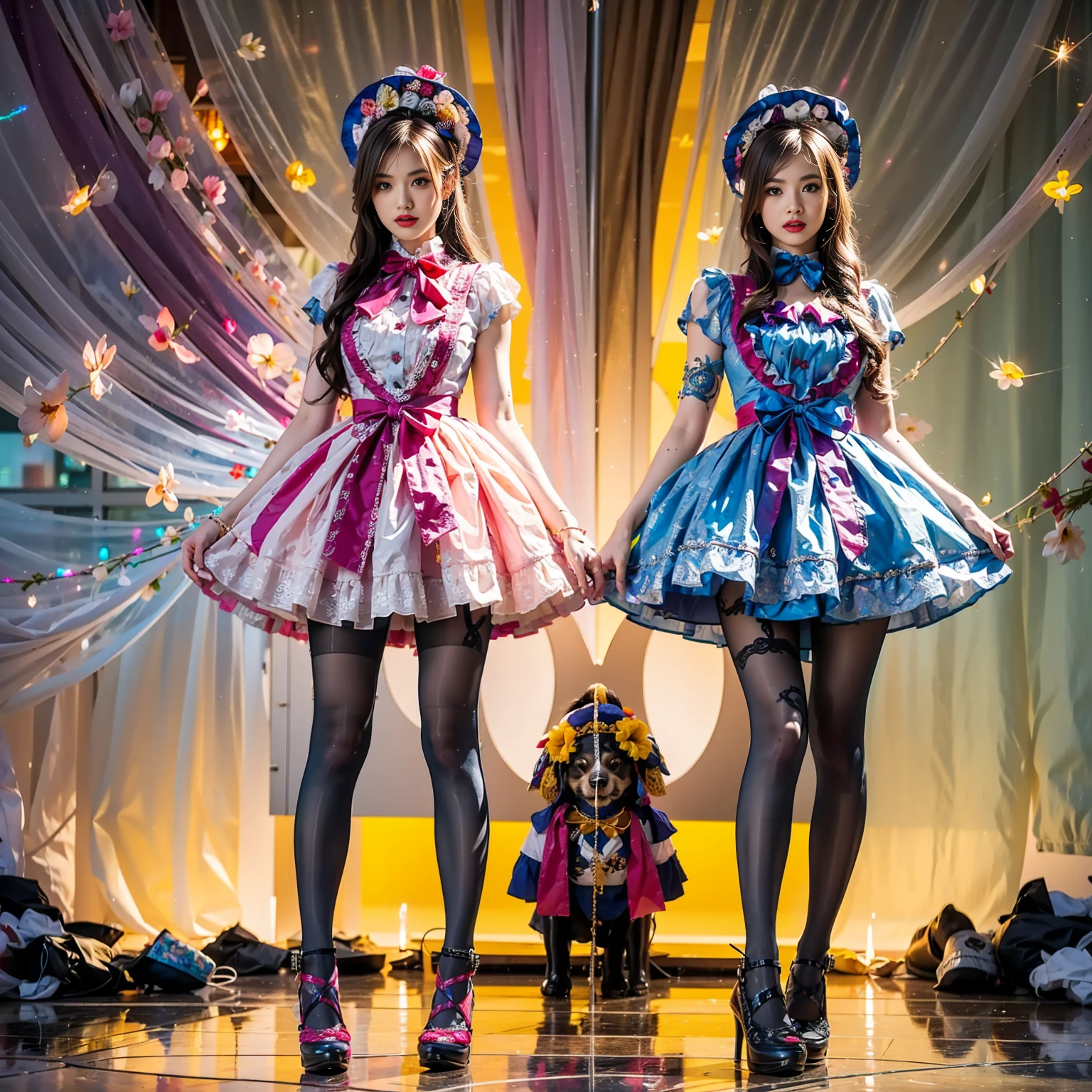 Model figure, long-legged woman, A woman in a luxurious and elaborate lolita dress, wearing lolita mary jane shoes with ornate details, patterned tights, standing on a snowy mountain, with reflective skin and reflective clothing, venusbody, full body shot, ray tracing, reflection light, chiaroscuro, UHD, masterpiece, anatomically correct, textured skin, super detail, high quality, 4K, highres