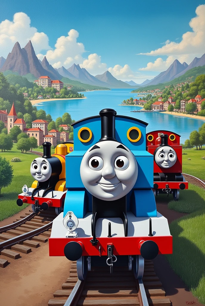 Create a painting depicting Thomas and Friends traveling the world