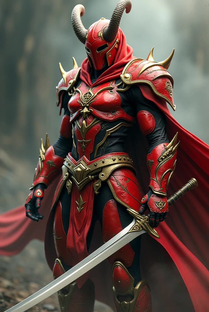 Red gold ninja cyborg with catana and horns