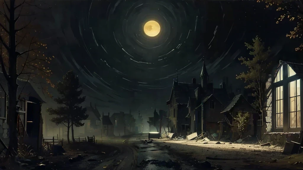 remove the lights, zero illumination, remove reflections, dark, remove lights in house, no light in street, zero lights, dead village, no one lives here, completely abandoned, light's out, dead medieval houses, gravel road, REMOVE LIGHT, SHADOWS, DARK OUTSIDE, NO LIGHT IN HOUSE, shattered windows