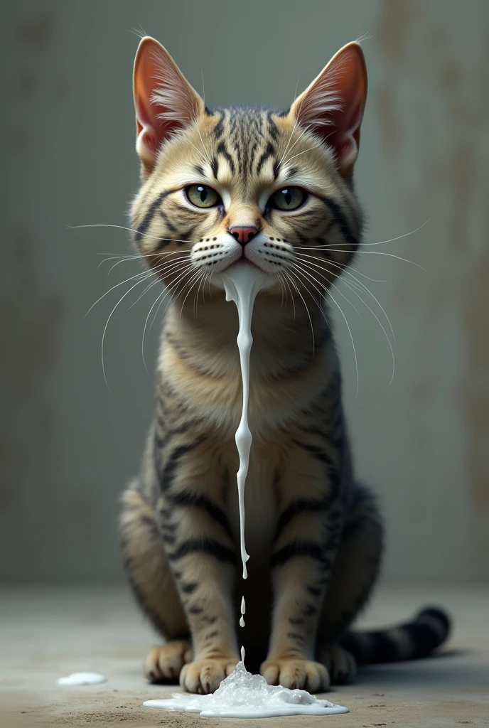 Realistic cat with CLOSED MOUTH AND foaming at the mouth with sad look