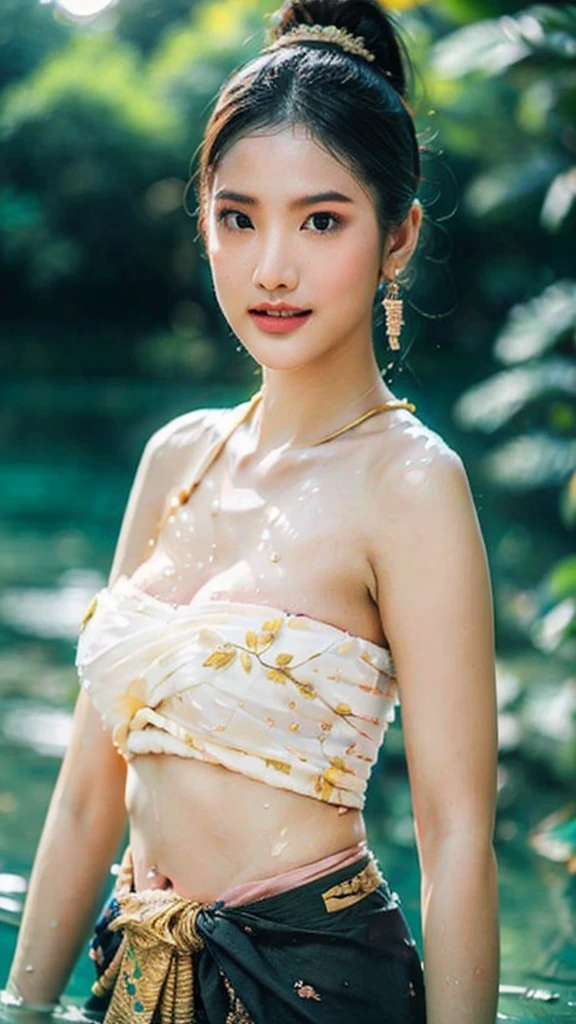 A beautiful girl ,Thai ancestor Female, bathing in a swiming pool at the forest, dynamic poses, transparent white strapless shirt, strapless thai traditional dress, Long ponytail, black eyes,abdominal muscles, (big breast:1.3), nice cleavage, Morning sunshine, Eyes on the audience, rain,((face details)), Double eyelids, reeds, (backlighting), realistic, masterpiece, highest quality, lens flare, shade, bloom, [[chromatic aberration]], digital painting, HDR, high contrast,