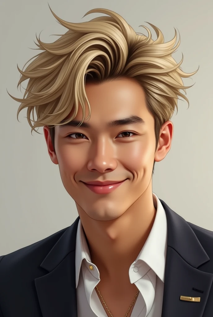 Asian human man with messy blonde straight hair, with a sideways smile