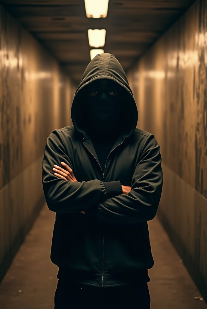 Hooded masked man hip hop bras croisés in tunnel couleur sepia