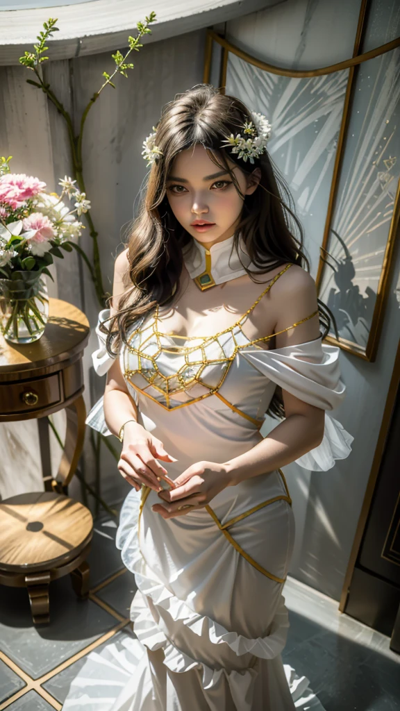 work of art, best qualityer, ultra detali, illustration, epic lighting, film composition, isometria,(hexagons:1.2), 1 , antlers, standing alone, yellow eyes, Bblack hair, long hair, (Lower handle:1.2), Decote big fit ass, bared shoulders, hair between the eyes, medium breasts, (white gown:1.1), Golden decoration, highlighted collar, view the viewer, eyes half-closed, (view the viewer:1.1), parted lip, blush, Black feathers fall, grit, fx particle, (8k:1.1), albedo (sovereign), hairless, the roads, big fit ass , Unclothed, room with balcony