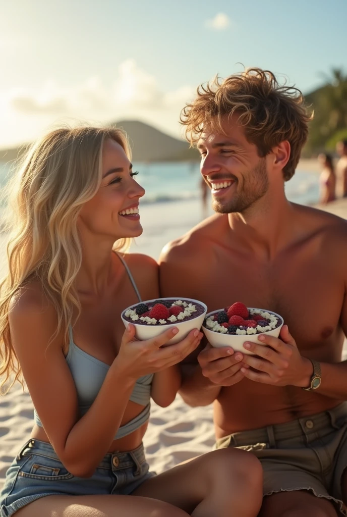 Man and Girlfriend 25 to 35 years old, On the beach blonde hair brown eyes eating acai , with friends Ultra HD, high qualiy, best qualityer, high resolution, 8k, 16K
