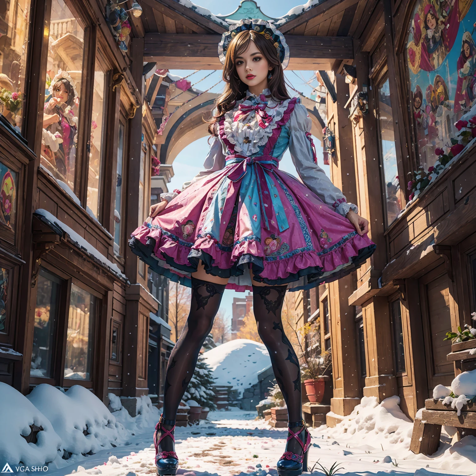 Model figure, long-legged woman, A woman in a luxurious and elaborate ta dress, wearing loliary jane shoes with ornate details, patterned tights, standing on a snowy mountain, with reflective skin and reflective clothing, venusbody, full body shot, ray tracing, reflection light, chiaroscuro, UHD, masterpiece, anatomically correct, textured skin, super detail, high quality, 4K, highres
