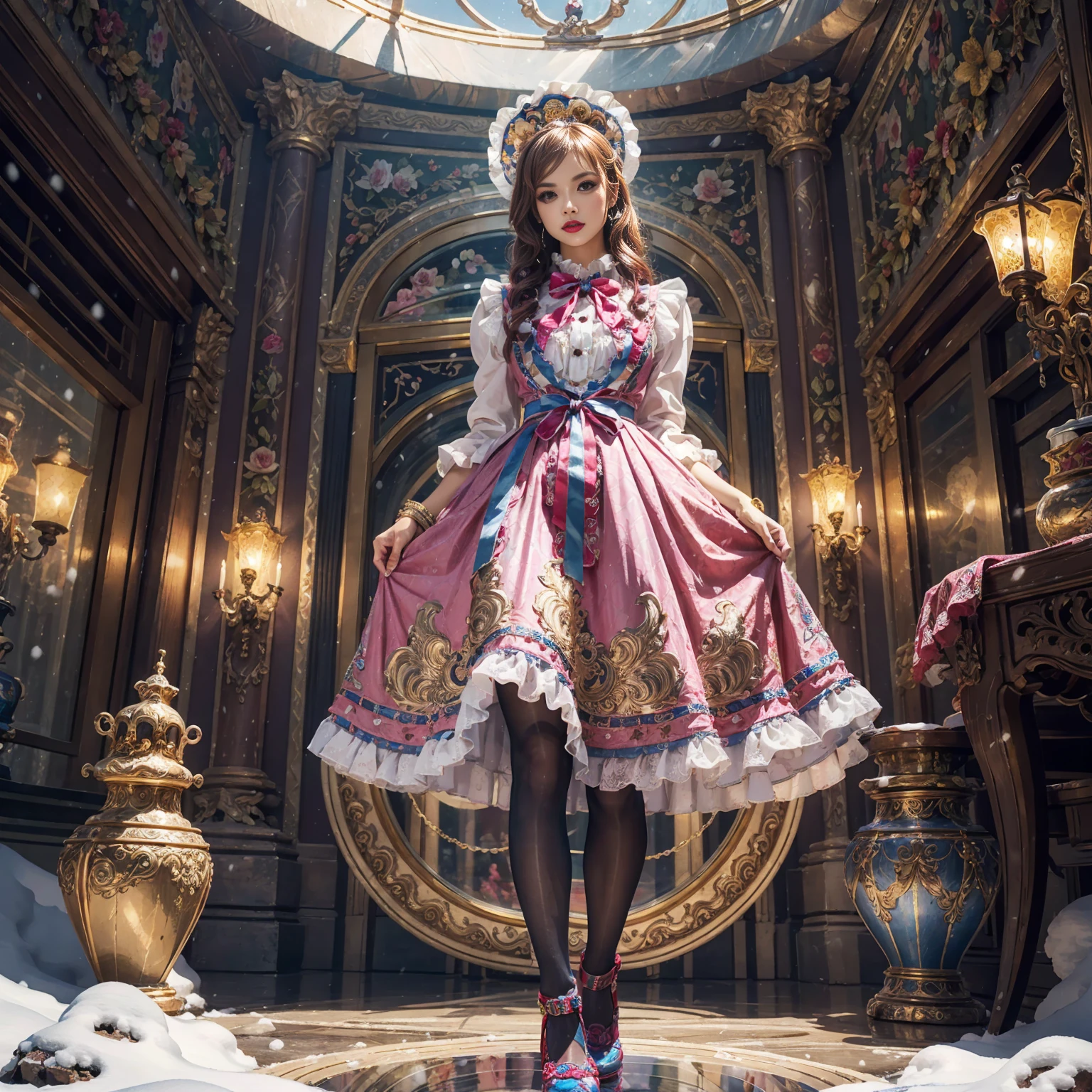 Model figure, long-legged woman, A woman in a luxurious and elaborate lolita dress, wearing lolita mary jane shoes with ornate details, patterned tights, standing on a snowy mountain, with reflective skin and reflective clothing, venusbody, full body shot, ray tracing, reflection light, chiaroscuro, UHD, masterpiece, anatomically correct, textured skin, super detail, high quality, 4K, highres