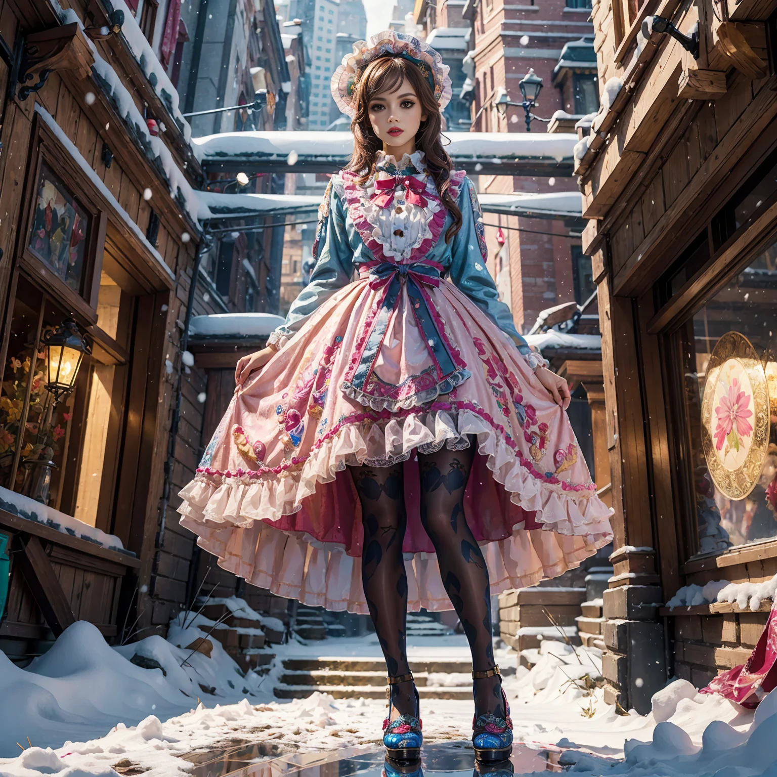 Model figure, long-legged woman, A woman in a luxurious and elaborate lolita dress, wearing lolita mary jane shoes with ornate details, patterned tights, standing on a snowy mountain, with reflective skin and reflective clothing, venusbody, full body shot, ray tracing, reflection light, chiaroscuro, UHD, masterpiece, anatomically correct, textured skin, super detail, high quality, 4K, highres