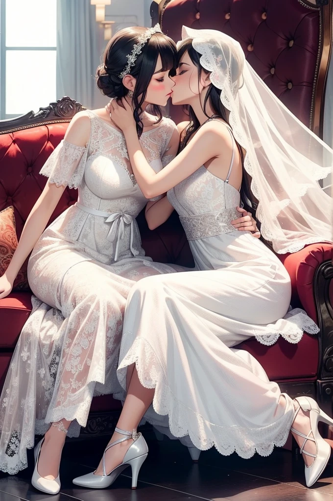 Lace dress，Multilayer dresses，Wedding dress，Lace dress ，Lesbians all over the world，shoes，headgear, sit on a luxurious sofa,kiss,kiss