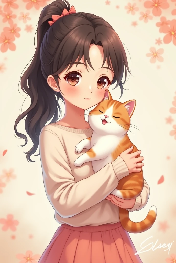 Create a very cute female person who looks Korean and Chinese that is a female anime type and that has a pet in her hand and that is a cat