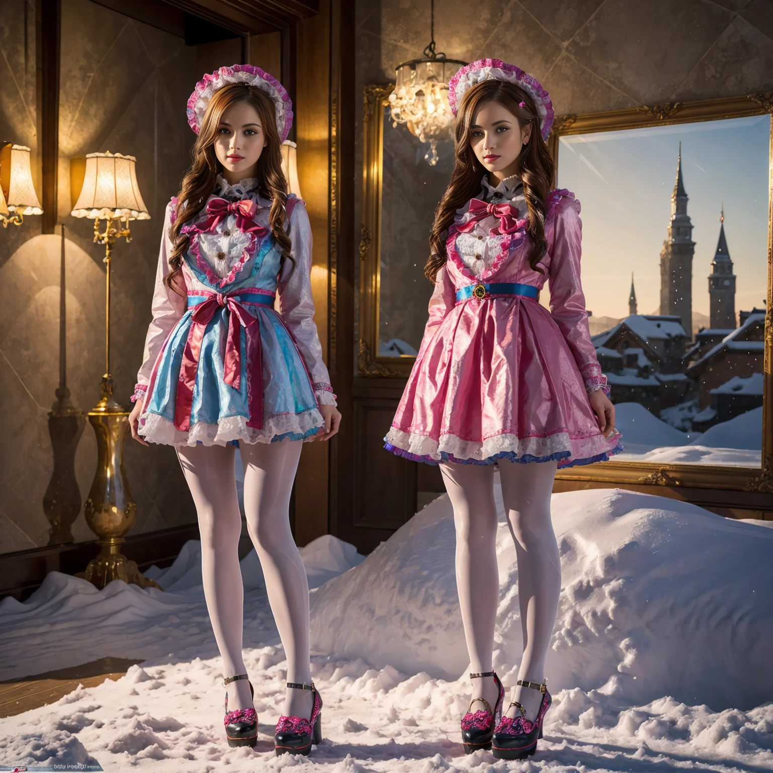 Model figure, long-legged woman, A woman in a luxurious and elaborate lolita dress, wearing lolita mary jane shoes with ornate details, patterned tights, standing on a snowy mountain, with reflective skin and reflective clothing, venusbody, full body shot, ray tracing, reflection light, chiaroscuro, UHD, masterpiece, anatomically correct, textured skin, super detail, high quality, 4K, highres