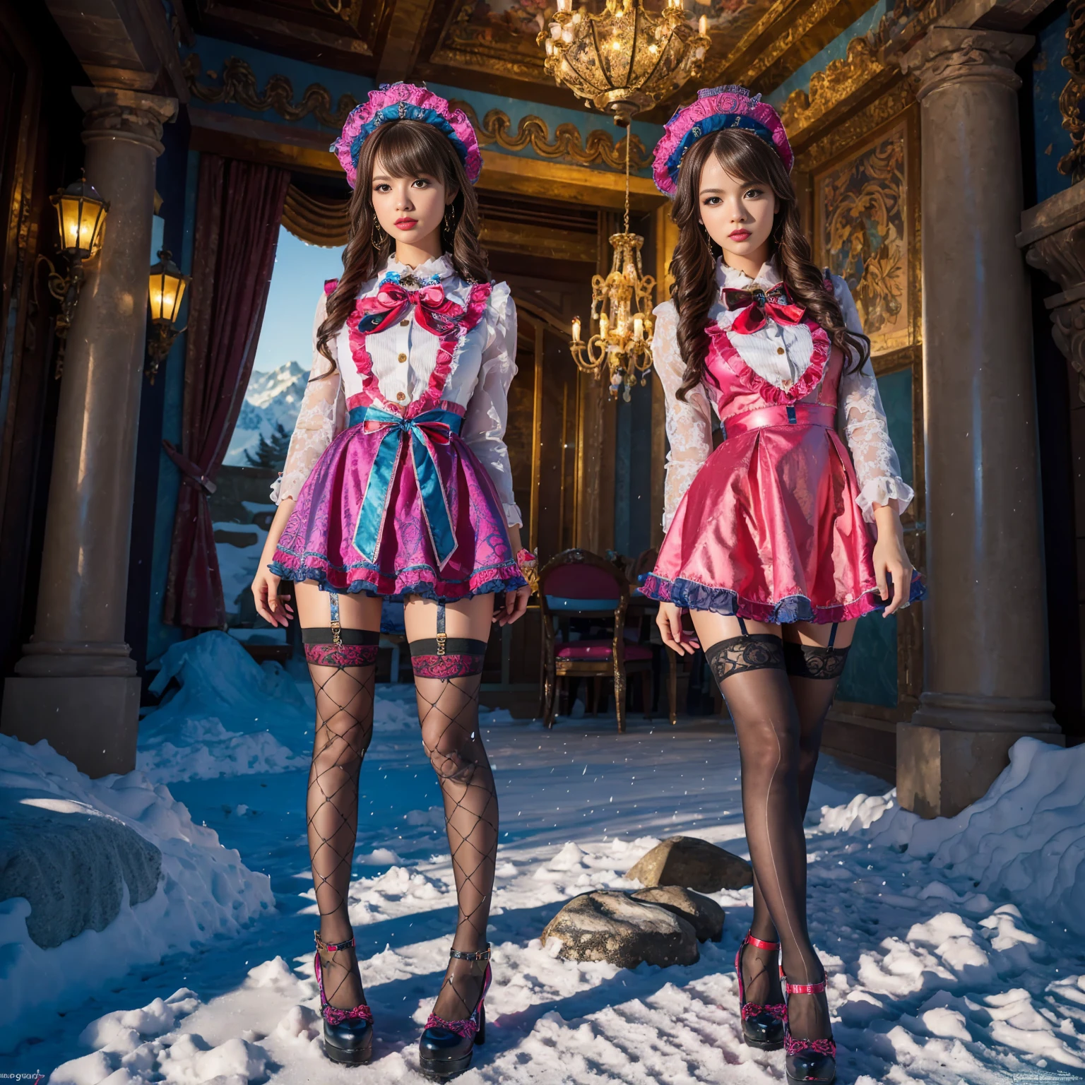 Model figure, long-legged woman, A woman in a luxurious and elaborate ta dress, wearing loliary jane shoes with ornate details, patterned tights, standing on a snowy mountain, with reflective skin and reflective clothing, venusbody, full body shot, ray tracing, reflection light, chiaroscuro, UHD, masterpiece, anatomically correct, textured skin, super detail, high quality, 4K, highres