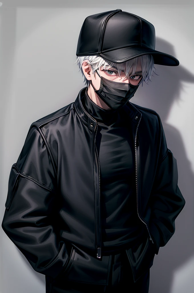 1 guy, hands in jacket pockets, wearing open black jacket with lots of belts. Black pants, wearing black baseball cap and black face mask covering only mouth, short white hair. has two small black blades sheathed on his back. tired expression. Dark skin