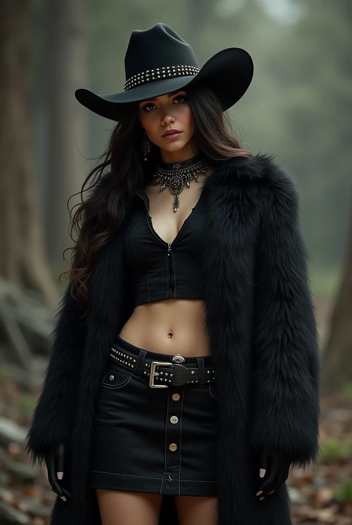 A cowgirl girl,She wears a black cowgirl hat,long black fur,a half open cowboy shirt with a top underneath,black gloves,small waist,short black skirt,black boots,spiked collar and tender face with black eyes and white skin