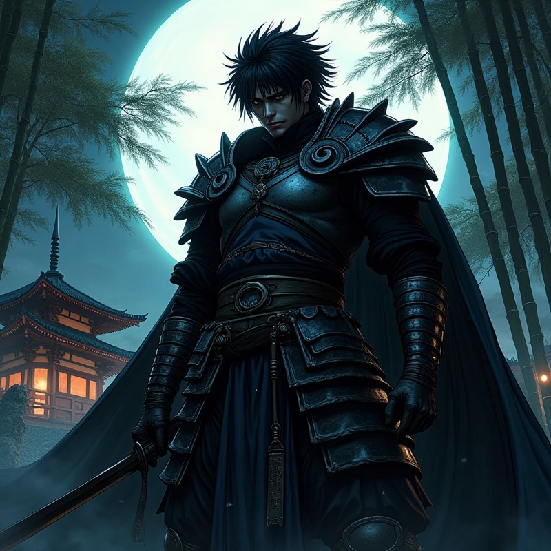 manga style, guts, covered face with shadow, shadow style, full body, japan background, night, guts sword, guts armor, guts hairstyle
