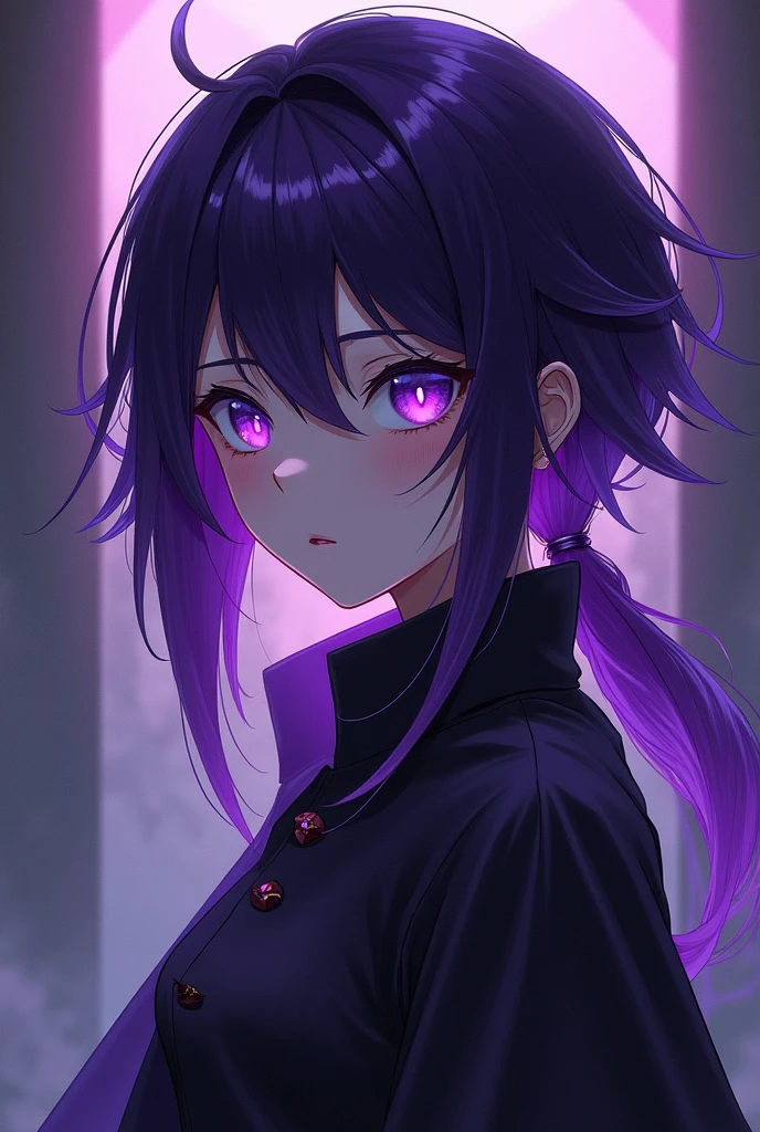 Create a female Jujutsu Kaisen OC that has purple eyes, White hair in a shaggy mullet cut down to the nape of the neck and the tips dyed dark purple, as well as a lock of hair falling from her choppy bangs and lilac eyeliner on her lower eyelids