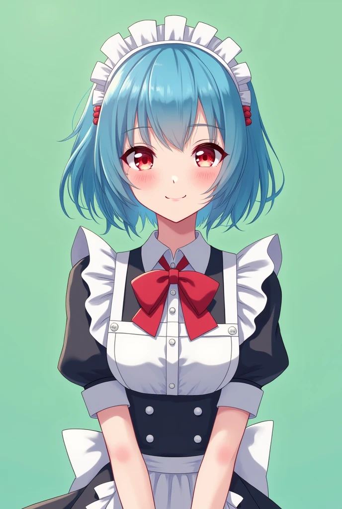 Maid cafe maid with short blue hair, Red eyes, a sensual and happy expression, age range between 18 and 26 years, anime style completely in 2D, with pastel colors, with a completely flat and green background 