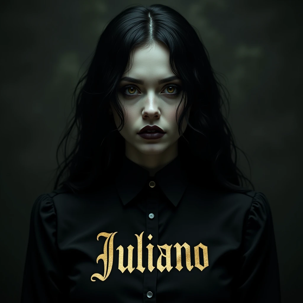 Gothic woman face, shirt with the word JULIANO written in gold