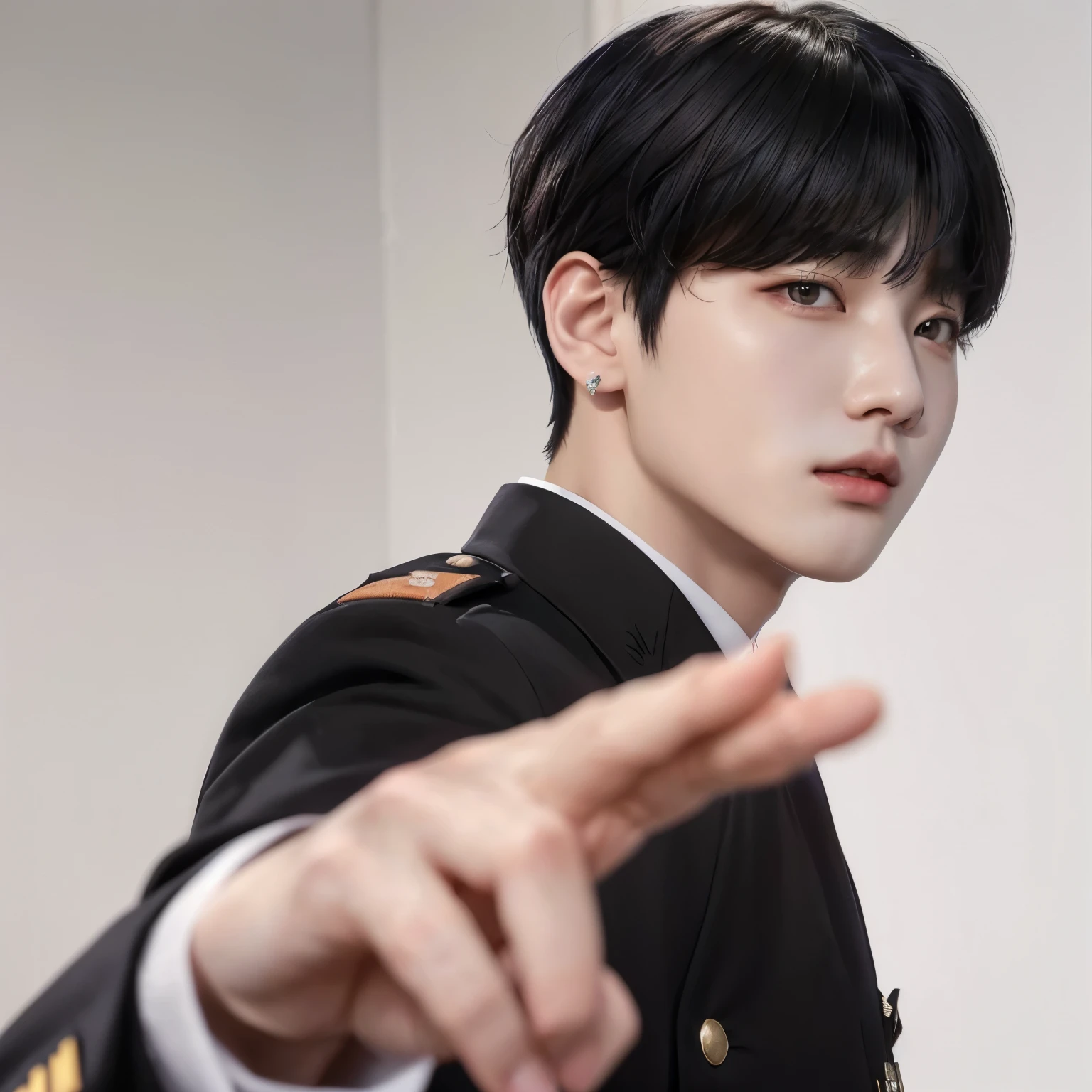 there is a man in a uniform pointing at something, jungkook, black haired yoongi, cai xukun, kim doyoung, jinyoung shin, hyung tae, taejune kim, inspired by Kun Can, taken in the early 2020s, hong june hyung, in black uniform, ten lee, bladee from drain gang, jk uniform, yanjun chengt