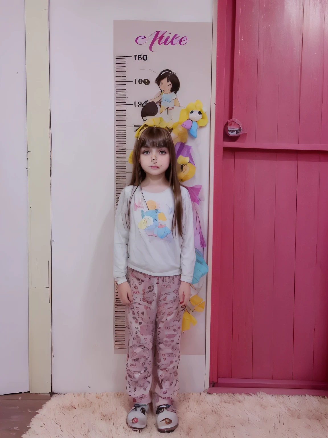 child with long straight brown hair with bangs . Brown eyes