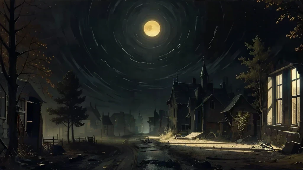 remove the lights, zero illumination, remove reflections, dark, remove lights in house, no light in street, zero lights, dead village, no one lives here, completely abandoned, light's out, dead medieval houses, gravel road, REMOVE LIGHT, SHADOWS, DARK OUTSIDE, NO LIGHT IN HOUSE, shattered windows