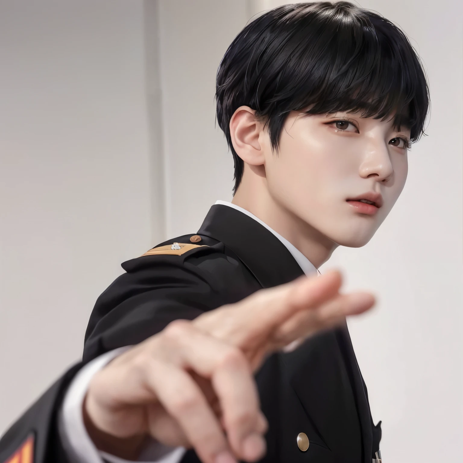 there is a man in a uniform pointing at something, jungkook, black haired yoongi, cai xukun, kim doyoung, jinyoung shin, hyung tae, taejune kim, inspired by Kun Can, taken in the early 2020s, hong june hyung, in black uniform, ten lee, bladee from drain gang, jk uniform, yanjun chengt