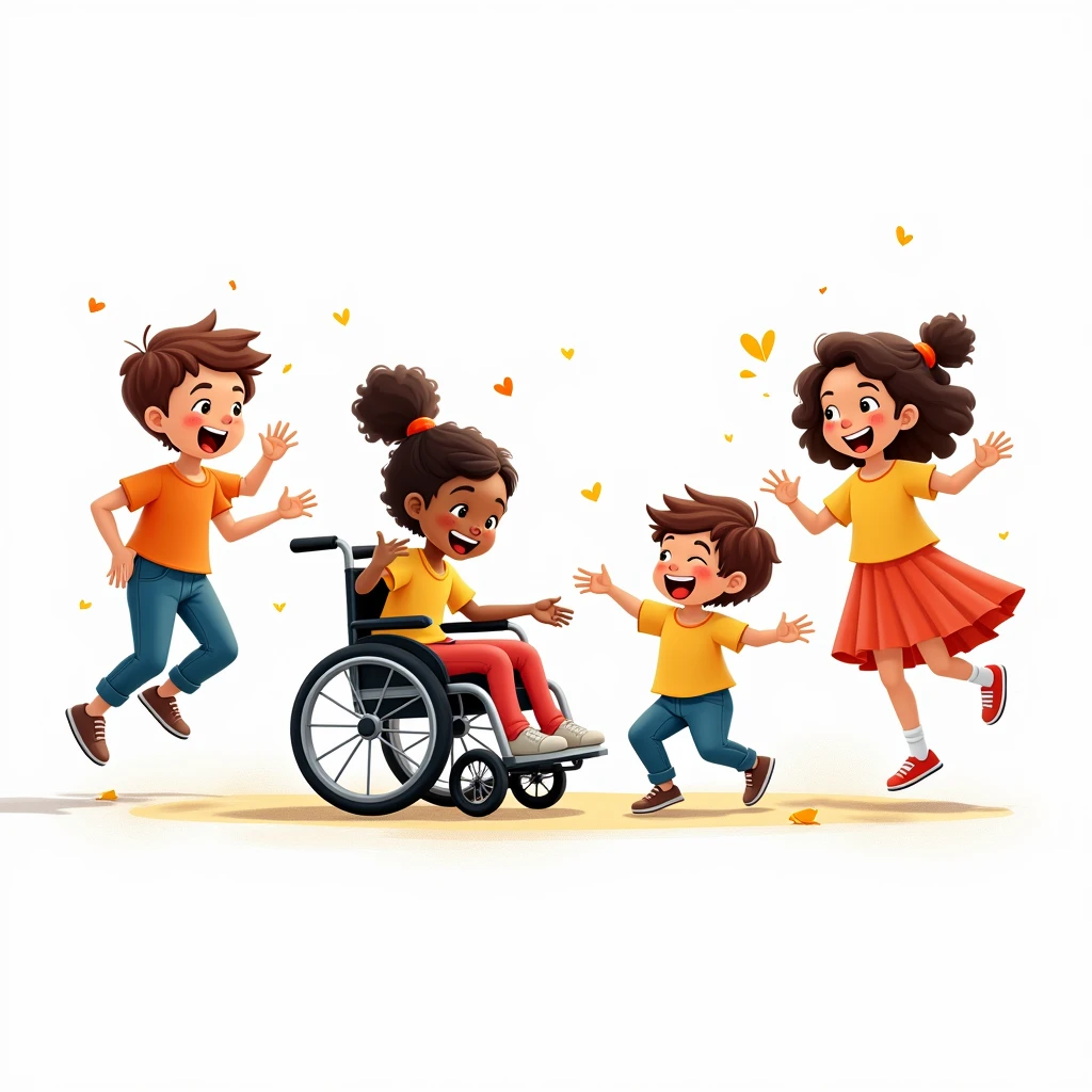Children playing and happy and a child in a wheelchair happy, Asian child and a black child with a white background
