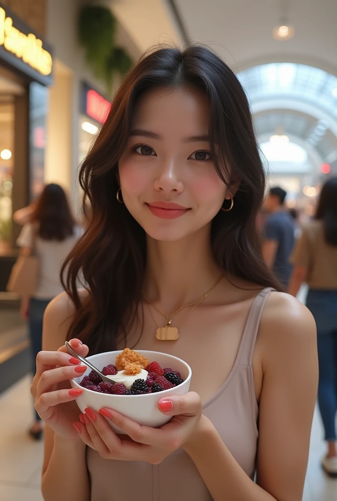 Woman aged 25 to 35, At the mall brown eye eating acai ,  ultra HD, high qualiy, best qualityer, high resolution, 8k, 16K