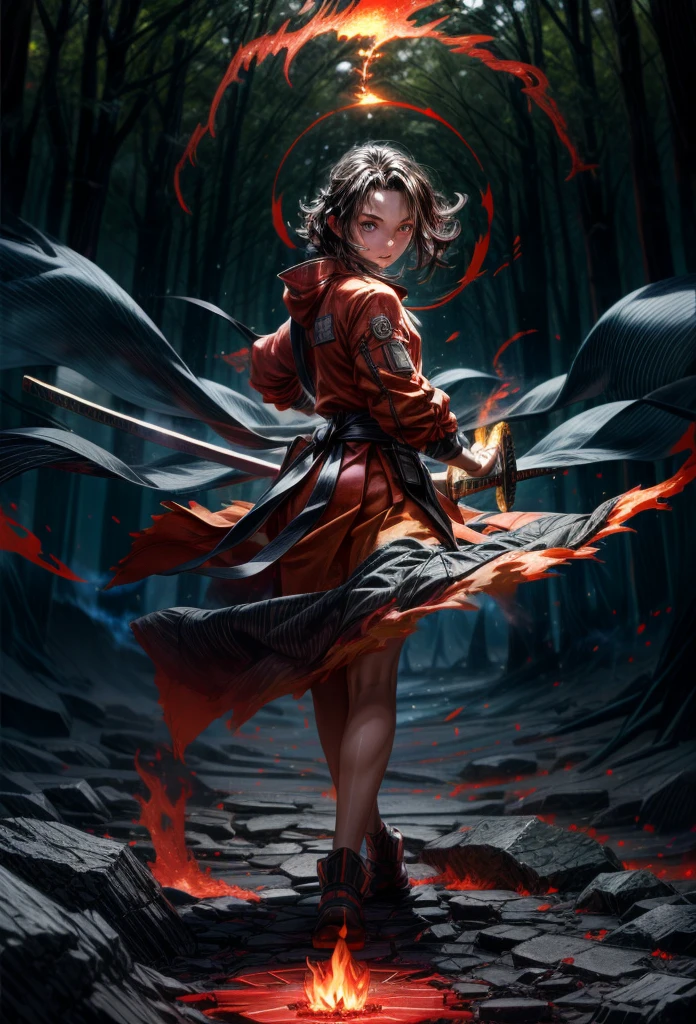 amazing quality, masterpiece, best quality, hyper detailed, ultra detailed, UHD, perfect anatomy, blurry background, 
(flame vortex:1.3), (flame afterimage:1.35), (motion blur:1.2), (flame storm, flame tornado, flame circle:1.3),
(fighting stance:1.2), (night:1.2), flame environment, looking at viewer,
Tanjiro, OriginalOutfit, Scar,Scar on forehead, stride,
forest, fog, rocky terrain, (radioactive background:1.1),
battoujutsu,

