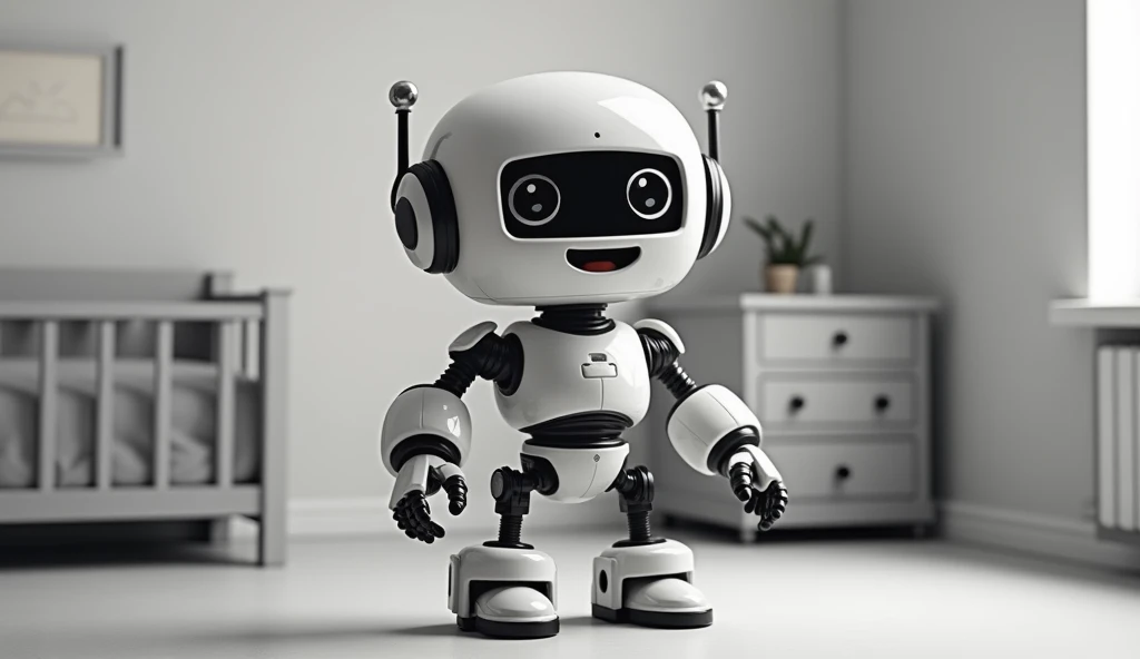 simple background,fundo de quarto ,cute robot,(looking ahead at viewer),[suprised:glad:0.4],impossible pose,black and white tones, opaque,extremely detaild,voxels.