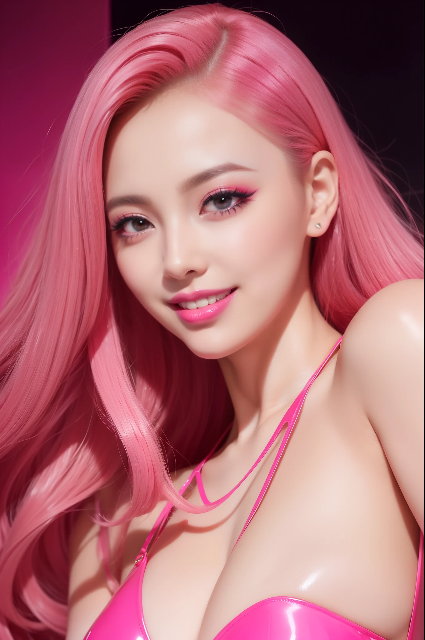 nsfw、y Stylish Female idol、Glossy Transparent lipstick、Smiling face、Defined eyebrows、Glamorous makeup、eyelashes、full body Esbian、sheer latex dress（neon pink）、Colorful hair