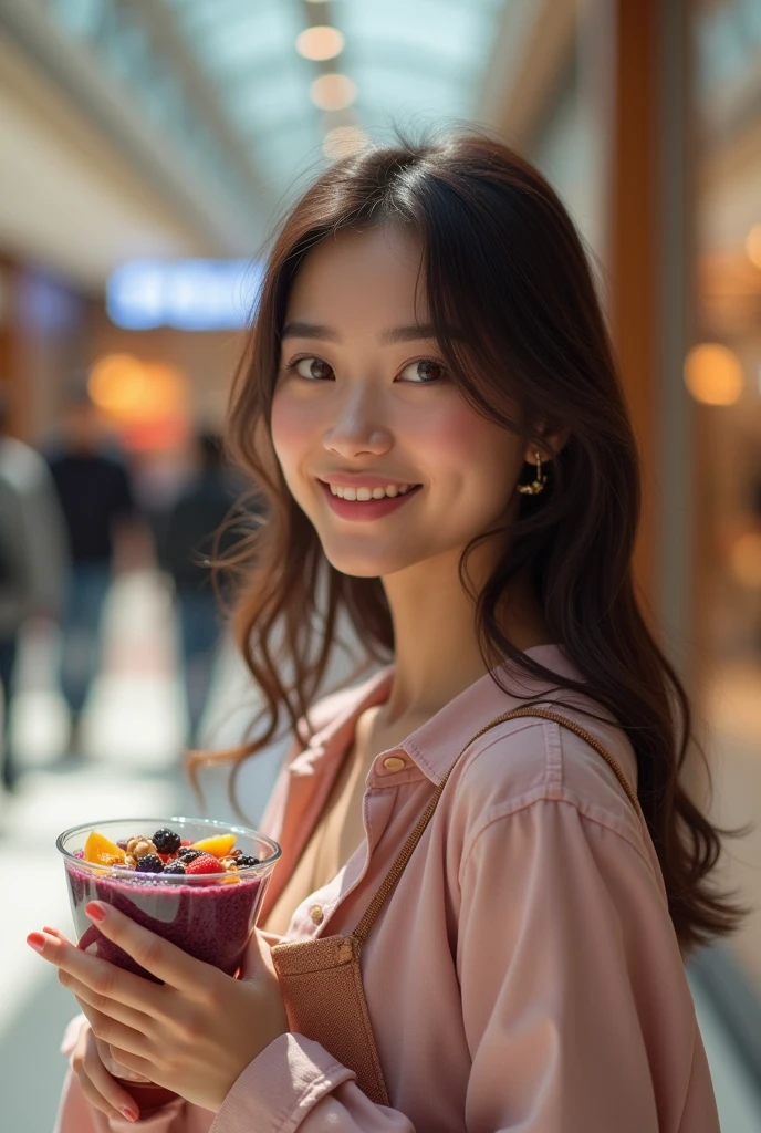 Woman aged 25 to 35, At the mall brown eye eating acai , ultra HD, high qualiy, best qualityer, high resolution, 8k, 16K