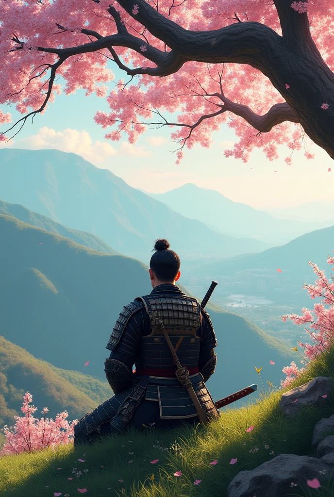 A samurai sitting under a cherry tree in summer on a mountain
