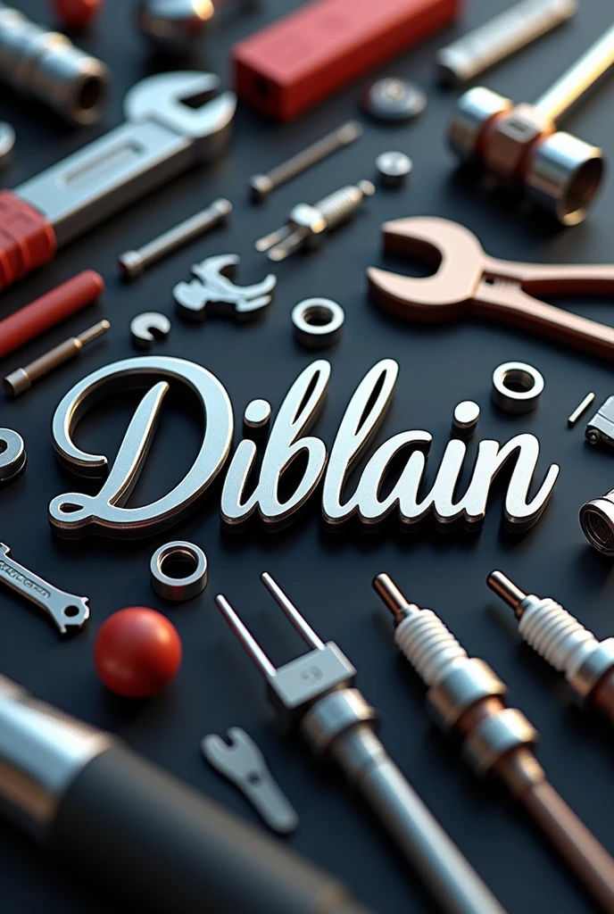 Image with the name Diblain in cursive letters with a background of car tools 3D art