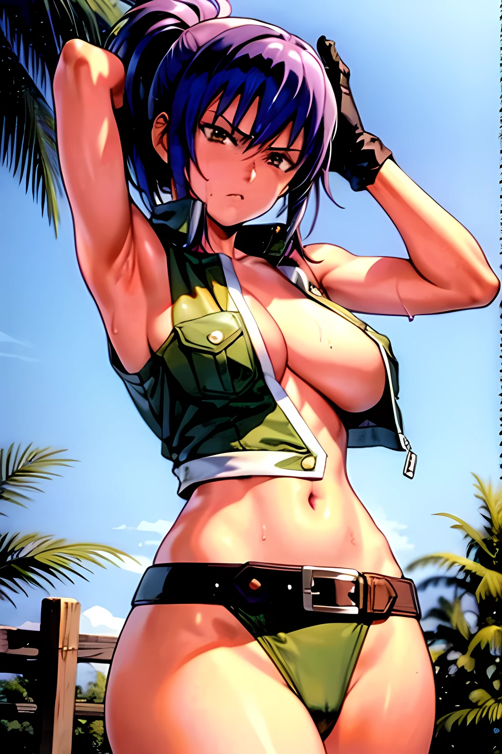 masterpiece, best quality, anime 1990s \(style\, leona heidern,  no bra, fully open vest, thong ,jungle, pony tail, wet, serious, gloves, , sleeveless, belt, touching hair, dirty.