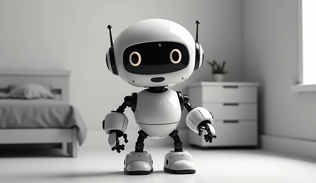 simple background,fundo de quarto ,cute robot,(looking ahead at viewer),[suprised:glad:0.7],impossible pose,black and white tones, opaque,extremely detaild,voxels.