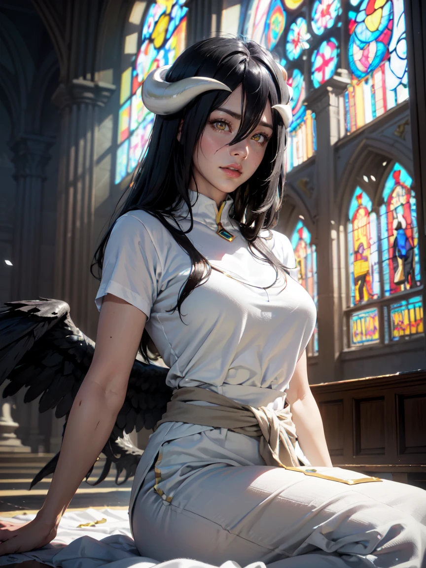 ((work of art)), ((best qualityer)), 1 girl (albedo_sovereign), (albedo from sovereign), Depth of field, cake:1.2, Waist slender, perfectbody, dynamic:1.2, realistic light, Nvidia ray tracing, (((cinematic))), intrikate, (cinematic shot), (ambient occlusion), particles, Volumetric Light, Ablaze, hight contrast, absolutely attractive, Breathtaking, ((ultra detailed intrikate cinematic background:1.2)), ((excited look:1.2, eye contact)), ((sitting on the floor in the Sanctuary:1.2)), (Stained glass windows behind her:1.2), Face ultra detailed, skin fair, ((beautiful face)), Eyes slightly closed, (whitehorns), (large black wings on the back of the waist:1.2), (black hair long), ((yellow eyes)), (perfect hands, beautiful hands), (white clothes)