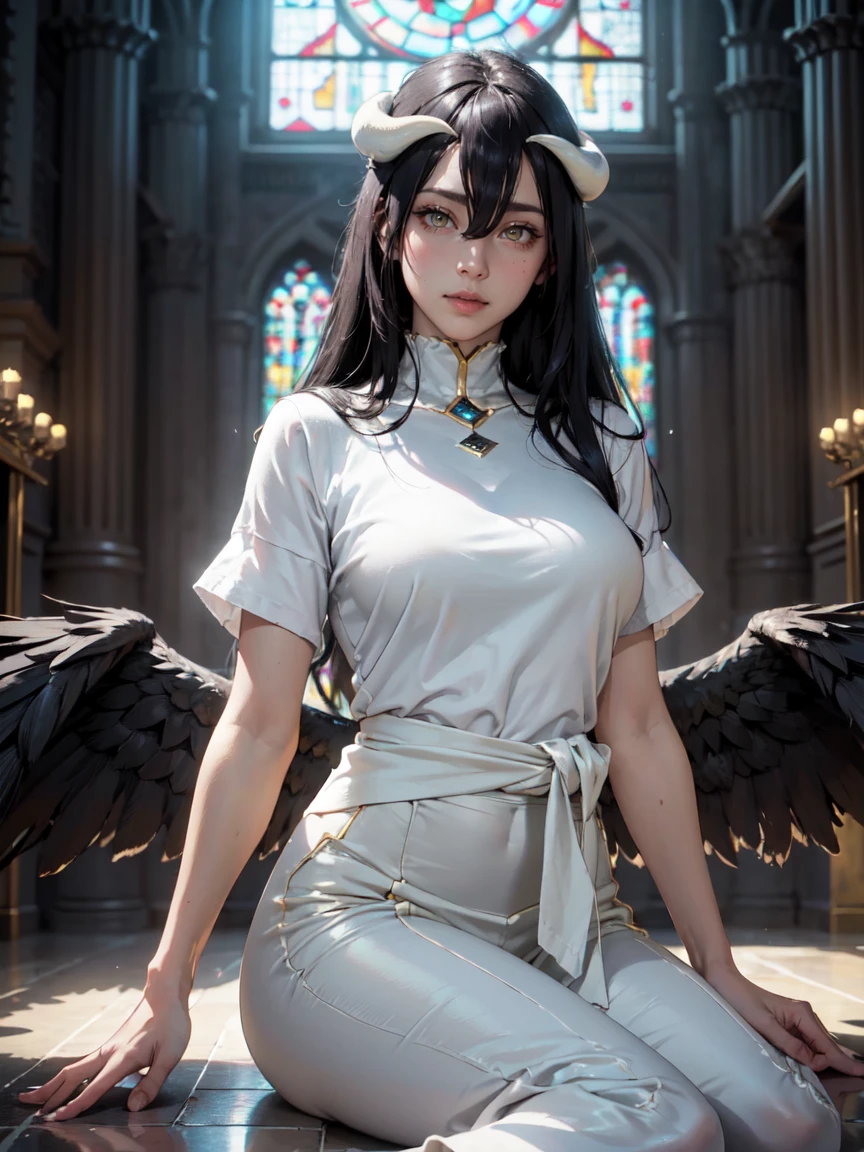 ((work of art)), ((best qualityer)), 1 girl (albedo_sovereign), (albedo from sovereign), Depth of field, cake:1.2, Waist slender, perfectbody,  dynamic:1.2, realistic light, Nvidia ray tracing, (((cinematic))), intrikate, (cinematic shot), (ambient occlusion), particles, Volumetric Light, Ablaze, hight contrast, absolutely attractive, Breathtaking, ((ultra detailed intrikate cinematic background:1.2)), ((excited look:1.2, eye contact)), ((sitting on the floor in the Sanctuary:1.2)), (Stained glass windows behind her:1.2), Face ultra detailed, skin fair, ((beautiful  face)), Eyes slightly closed, (whitehorns), (large black wings on the back of the waist:1.2), (black hair long), ((yellow  eyes)), (perfect hands, beautiful hands), (white  clothes)