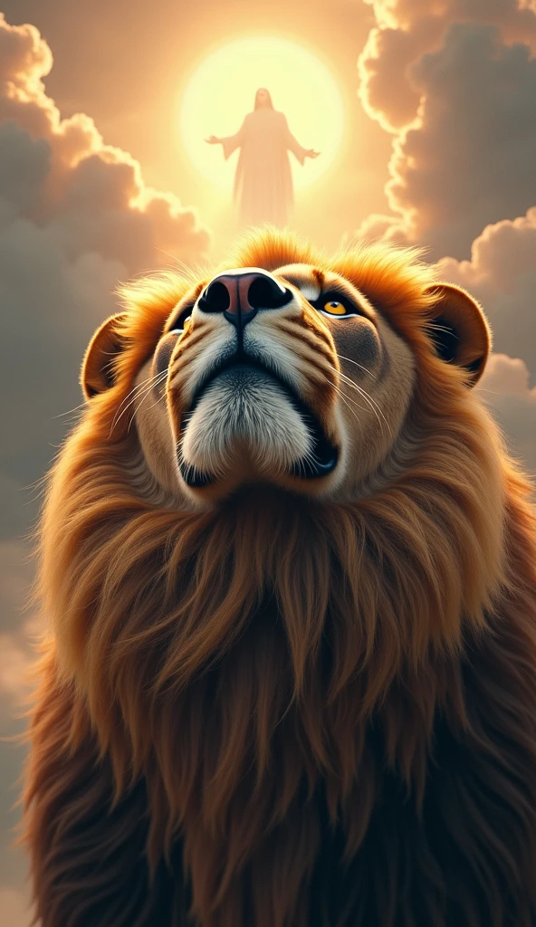 Generate an ultra realistic 8k image of a strong, robust lion's face looking up at the sky , in the sky between the clouds a shadow of the.Lord Jesus