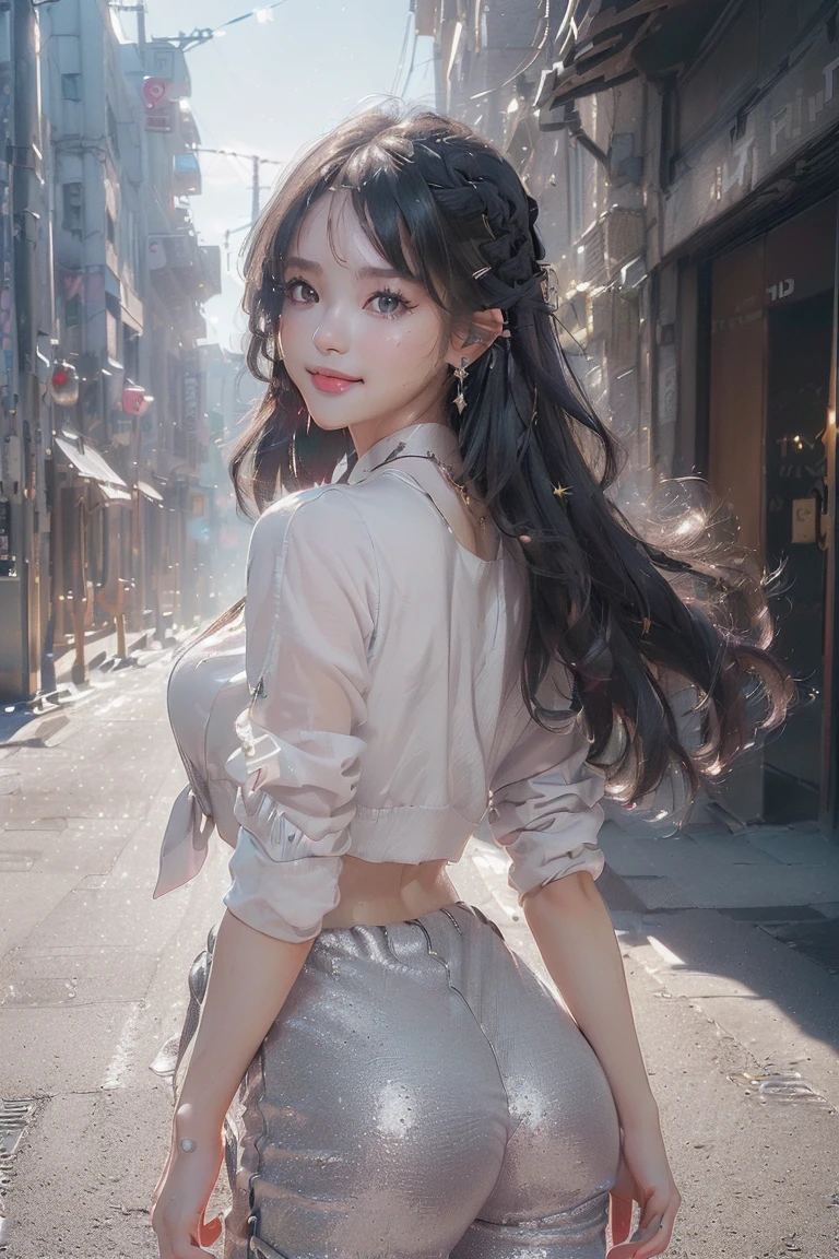 (((top-quality, 8K,超A high resolution、ultra-detailliert))),1girl in,female high-school student,a beauty girl,Street attire,(( t, silver pants, 、(( )、(   light black hair,Colorful Extended Hair),perfectbody,skinny, Tied waist,Beautiful face, acurate, Anatomically correct, Highly detailed face and skin texture, Big eyes drawn in detail, Double eyelids, Thin eyebrows, Glitter Eyeliner: 1 Natural cheeks, Glossy skin, Fair skin: 1.2, (Glossy lips: 1.4),Highly detailed facial and skin texture, Detailed eyes, Double eyelids, Natural cheeks, , shiny lips: 1.4,Simple necklace and earrings,Smile and watch the viewer,Walking in the city, big booty【Not blurry,profetional lighting,Professional effects、(masutepiece: 1.3), (max resolution: 1.2), (Ultra HDTV: 1.2),octanerender, Fujifilm X100, Intense cinematic shots, Shallow depth of field, Volumetric lighting, kintsugi,(8K、Raw photography、​masterpiece:1.4)、(realisitic、Photorealsitic:1.37)、Shot with CineStill 800T、(Extreme top quality:1.3)、((depth of fields:))、absurderes、(超A high resolution、extremery detailed CG、hight resolution、realisitic、ultra-detailliert、a picture、A hyper-realistic、ultra-detailliert、Cinematic atmosphere、8K UHD、insanely detaileda、trending on artstationh、awardwinning photo、extremely detailed photo、hight resolution:1.5)】No tags or text