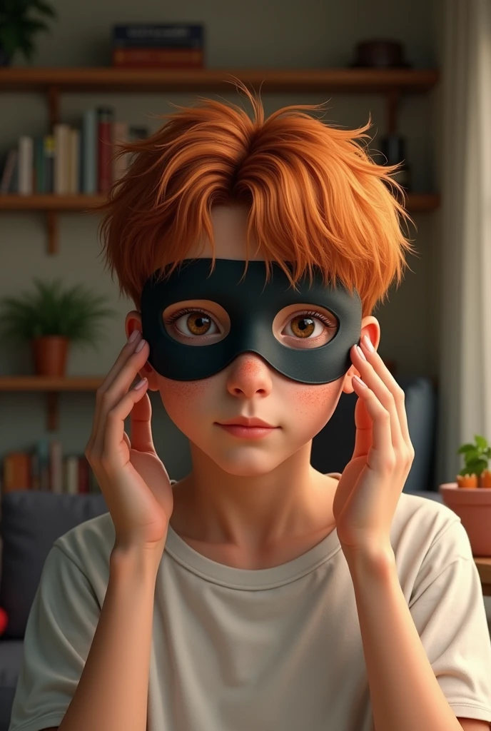 A boy. has messy hair, straight and orange colored. has freckles, his somewhat bushy eyebrows and his upturned nose. he has a white shirt. Her skin is pale and she is placing a black mask on her face.. It is very attractive. It's in your living room.